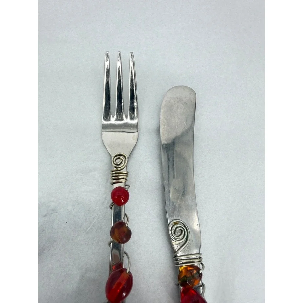 Wire Wrapped Beaded Fork & Knife Appetizer Flatware Set Red Elegant Tableware